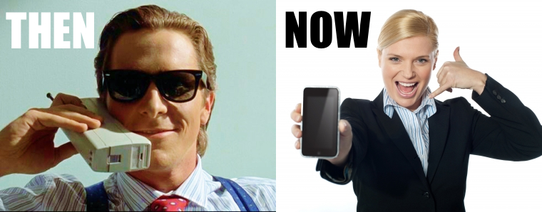 Image of man holding a cell phone from the 1980s and of a woman holding an iPhone with the text "Then" and "Now"