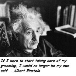 Picture of Albert Einstein saying, "If I were to start taking care of my grooming, I would no longer be my own self."