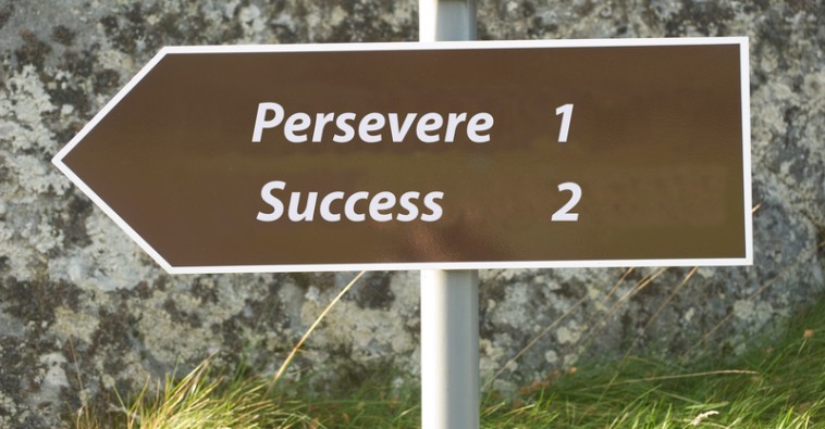 Image with a road sign and arrow pointing to Persevere, which is one mile away, and Success, which is two miles away.